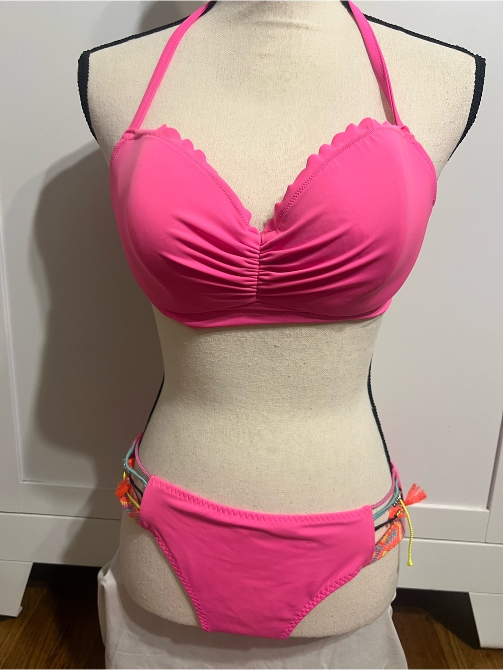 Victoria's Secret Hot Pink Halter Bikini with Multicolor Side Ties - Picture 3 of 12